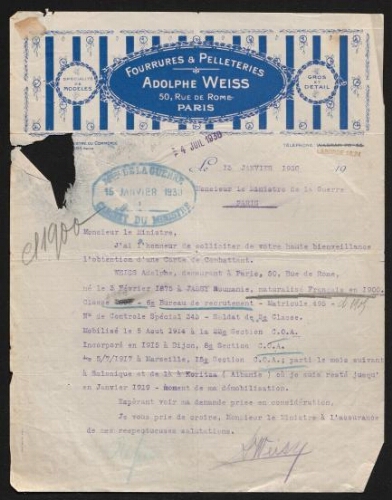 Adolphe Weiss retrace son parcours de mobilisation et demande une carte de Combattant au Ministre de la Guerre (1930)