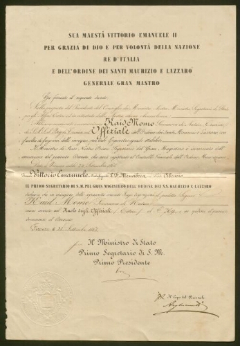 Le Kaid Momo Scemama di Natan (sic) est promu au grade d'Officier de l'Ordre des Saints Maurice et Lazare (1868)
