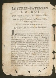 Lettres patentes du Roi confirmatives des privilèges dont les Juifs portugais jouissent en France depuis 1550. Données à Versailles au mois de juin 1776, enregistrées au Parlement de Bourdeaux (sic)