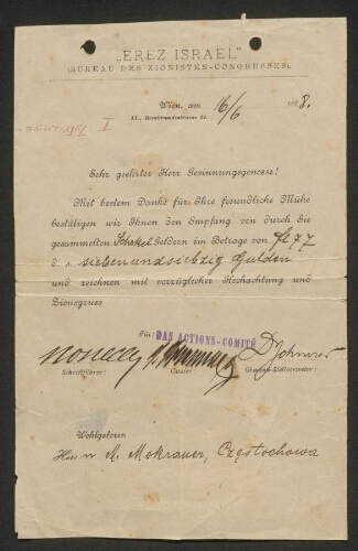 Document imprimé rempli au nom de M. Mokrauer, daté du 16 juin 1898