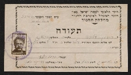 Certificat scolaire attestant du passage d'une classe à l'autre au nom d'Aliza Ridman, scolarisée à l'école élémentaire centrale de Tel Aviv, daté de l'année 1944