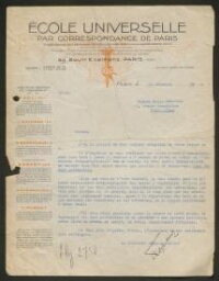 Lettre tapuscrite du Directeur Général adjoint de l'Ecole Universelle par correspondance de Paris adressée à Mme Hella Lobstein, datée du 11 décembre 1934
