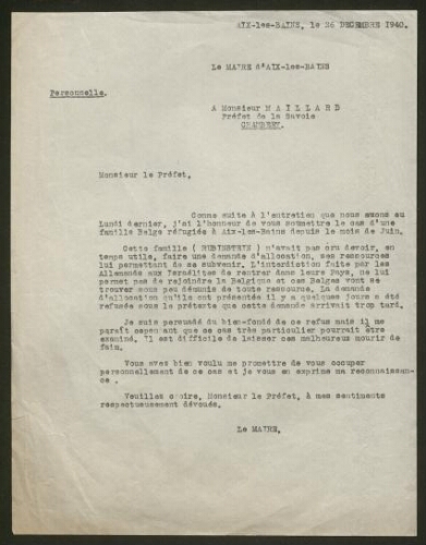 Le Maire d'Aix-les-Bains demande au Préfet de la Savoie une allocation pour la famille Rubinstein (1940)