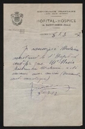 Attestation manuscrite du médecin de l'Hôpital-Hospice de Saint-Denis adressée à Nison Nesis, datée du 21 mars 1947