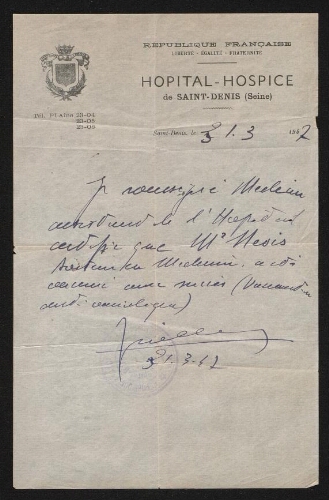 Attestation manuscrite du médecin de l'Hôpital-Hospice de Saint-Denis adressée à Nison Nesis, datée du 21 mars 1947