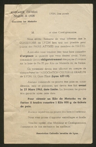 "Le Consistoire de Lyon fera tout son possible pour fournir des pains azymes" (1943)