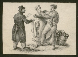 Illustration représentant un vendeur de journal en haillons et deux marchands