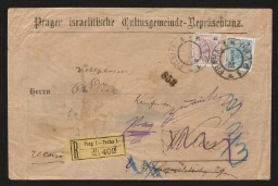 Enveloppe à en-tête de la "Prager israelitische Cultusgemeinde-Bepräschtanz" retournée à Otto Fux, datée du 9 mai 1900