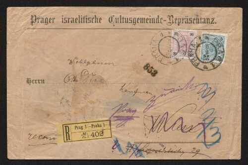 Enveloppe à en-tête de la "Prager israelitische Cultusgemeinde-Bepräschtanz" retournée à Otto Fux, datée du 9 mai 1900