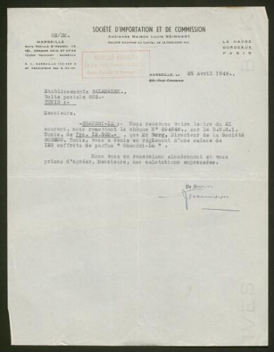 Lettre tapuscrite de la Société d'Importation et de Commission, datée du 25 avril 1949