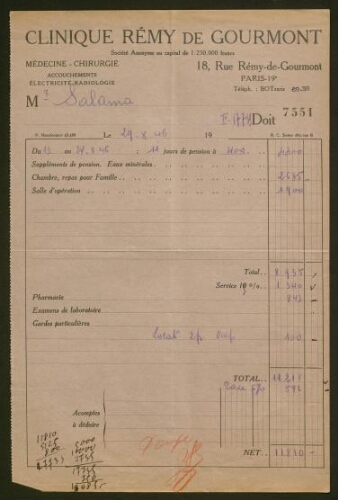 Facture de la Clinique Rémy de Gourmont adressée à M. Salama, datée du 29 août 1946