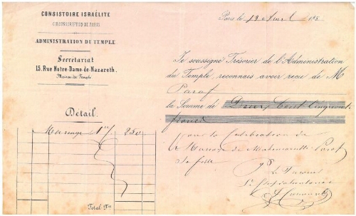 M. Paraf verse 250 francs pour le mariage de sa fille à la maison du temple  de Nazareth à Paris (années 1850)