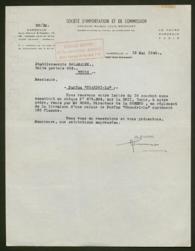 Lettre tapuscrite de la Société d'Importation et de Commission, datée du 19 mai 1949