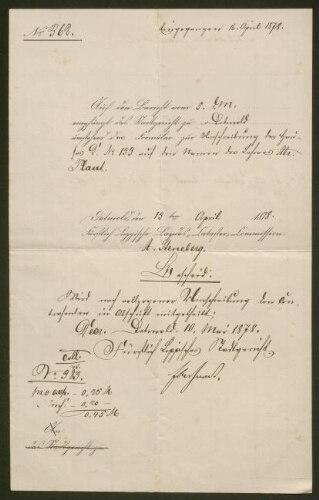 Document manuscrit, daté du 16 avril 1878