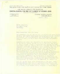 Lettre de l'agence juive pour la Palestine au rabbin Isak Unna à Mannheim (1934)