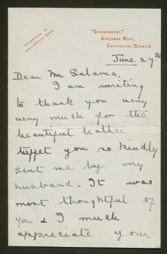Lettre manuscrite de Mrs Thorpe adressée à Salomon Salama, datée du 27 juin 1931