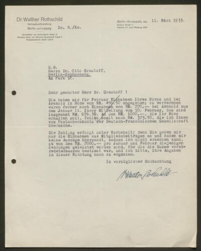 Lettre tapuscrite du Dr. Walther Rothschild adressée au Dr. Otto Grautoff, datée du 11 mars 1933