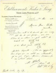 Lettre manuscrite des Etablissements Kahn & Lang adressée à M. Hamin Thuillier, datée du 24 mai 1921