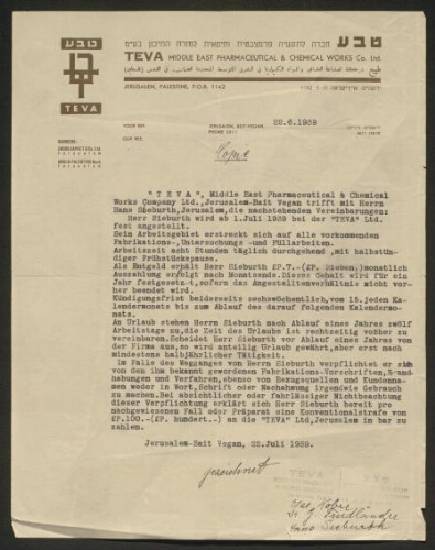 Contrat de travail de société Teva à Hans Sieburth  22 juin 1939
