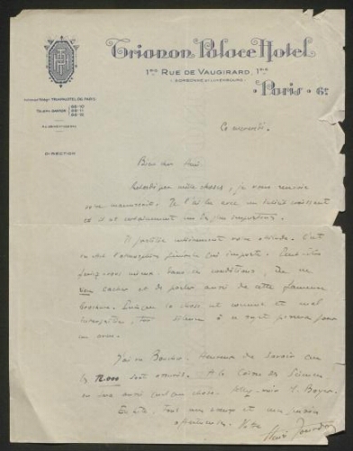 Lettre manuscrite de Henri Jourdan, non datée