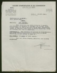 Lettre tapuscrite de la Société d'Inportation et de Commission, datée du 16 août 1949