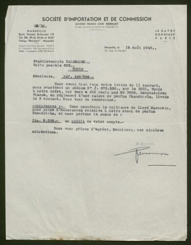 Lettre tapuscrite de la Société d'Inportation et de Commission, datée du 16 août 1949