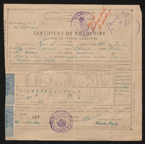 Certificat de absolvire a cursului primar elementar - Certificat de fin d'études du cours primaire élémentaire, daté du 11 octobre 1923