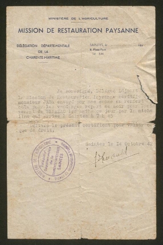 Certificat adressé à M. Jaba par la Mission de Restauration Paysanne, daté du 14 octobre 1942