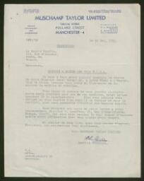 Lettre tapuscrite du service technique de la Muschamp Taylor Limited adressée à La Source textile, datée du 21 mai 1951
