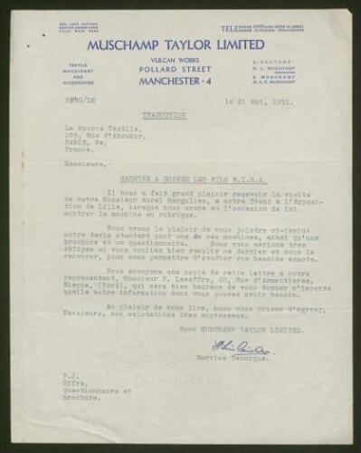 Lettre tapuscrite du service technique de la Muschamp Taylor Limited adressée à La Source textile, datée du 21 mai 1951