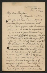 Lettre manuscrite d'Israël Zangwill adressée au Dr Nordau, concernant la pièce die Kugel  23 janvier 1896