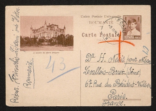 Carte postale adressée à Nison Nésis (chez H. Nésis, Paris), datée du 5 juin 1931
