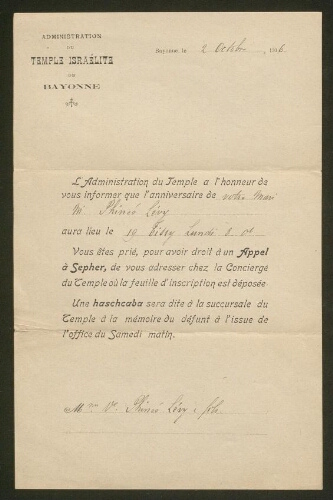 Deux annonces d'Haschcaba au nom de M. Phinée Lévy, datée du 2 octobre 1906, et au nom de Mme Hannah Lévy Geismer, datée du 13 mai 1940