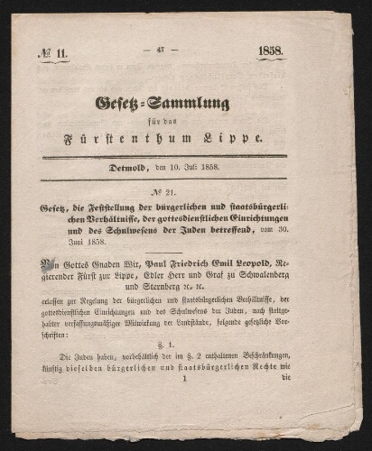 Gefek Sammlung für das Fürstenthum Lippe, daté du 10 juillet 1858
