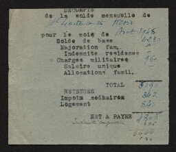Décompte de la solde mensuelle du sous-lieutenant Nesis, datée d'août 1945