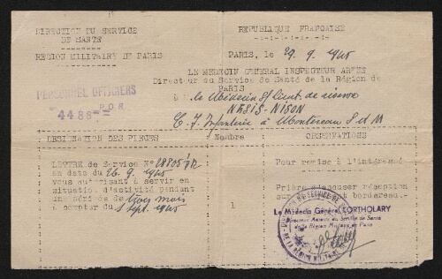 Bordereau de remise de lettre de service, daté du 29 septembre 1945