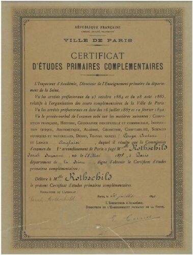  Sarah Suzanne Rothschild obtient le Certificat d'études primaires complémentaires 30 juillet 1892