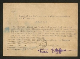 Carte postale de Walter Hoffmann et/chez Dr Rosenthal au Comité de Défense des Juifs persécutés en Allemagne, situé à Paris
