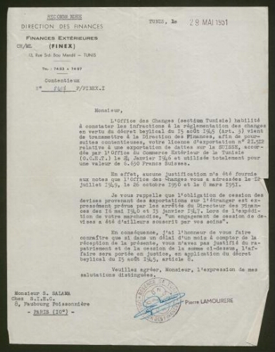 Lettre tapuscrite de Pierre Lamourere pour la Direction des Finances adressée à M. S. Salama, datée du 29 mai 1951