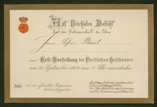Carton d'invitation au nom de Plaut, daté du 21 septembre 1901