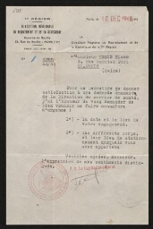 Lettre tapuscrite du Directeur Régional de Recrutement adressée à Nison Nesis, datée du 10 décembre 1948