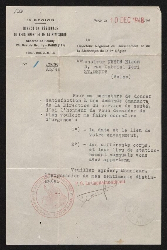 Lettre tapuscrite du Directeur Régional de Recrutement adressée à Nison Nesis, datée du 10 décembre 1948