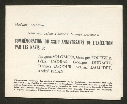 Commémoration du XXIIIè anniversaire de l'exécution par les nazis de Jacques Salomon, Georges Politzer, Félix Cadras, Georges Dudach, Jacques Decour, Arthur Dallidet, André Pican (1965)