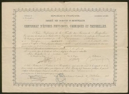 Certificat d'études physiques, chimiques et naturelles délivré à Abraham Scemama, daté du 4 octobre 1898