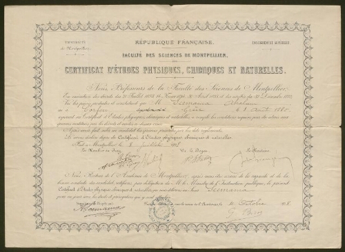 Certificat d'études physiques, chimiques et naturelles délivré à Abraham Scemama, daté du 4 octobre 1898