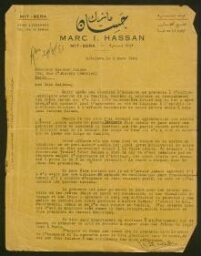 Lettre tapuscrite de Marc I. Hassan adressée à Salomon Salama, datée du 2 mars 1953