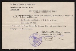 Certificat de présence au Corps de la 10ème Division d'Infanterie, délivré au médecin-auxiliaire Nison Nesis, daté du 17 mai 1945