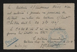 Attestation manuscrite du médecin commandant autorisant le médecin sous-lieutenant Nison Nesis à prendre sa permission le 24 décembre suivant, datée du 20 décembre 1945