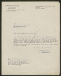 Le Dr. Walther Rothschild au Dr. Otto Grautoff: "Je regrette beaucoup que les circonstances politiques vous obligent à interrompre  temporairement  les travaux de la société Allemagne 
 France, 22 juin 1933